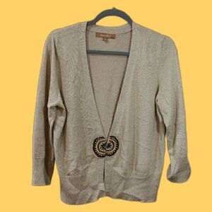 Ellen Tracy Gold Metallic Sparkly Medallion Beaded Cardigan Sweater LG